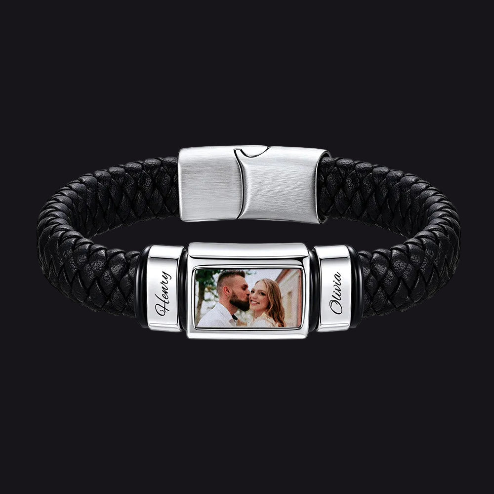 Personalized Multi Name Photo Engraved Braided Leather Bracelet for Men