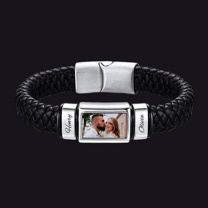 Personalized Multi Name Photo Engraved Braided Leather Bracelet for Men
