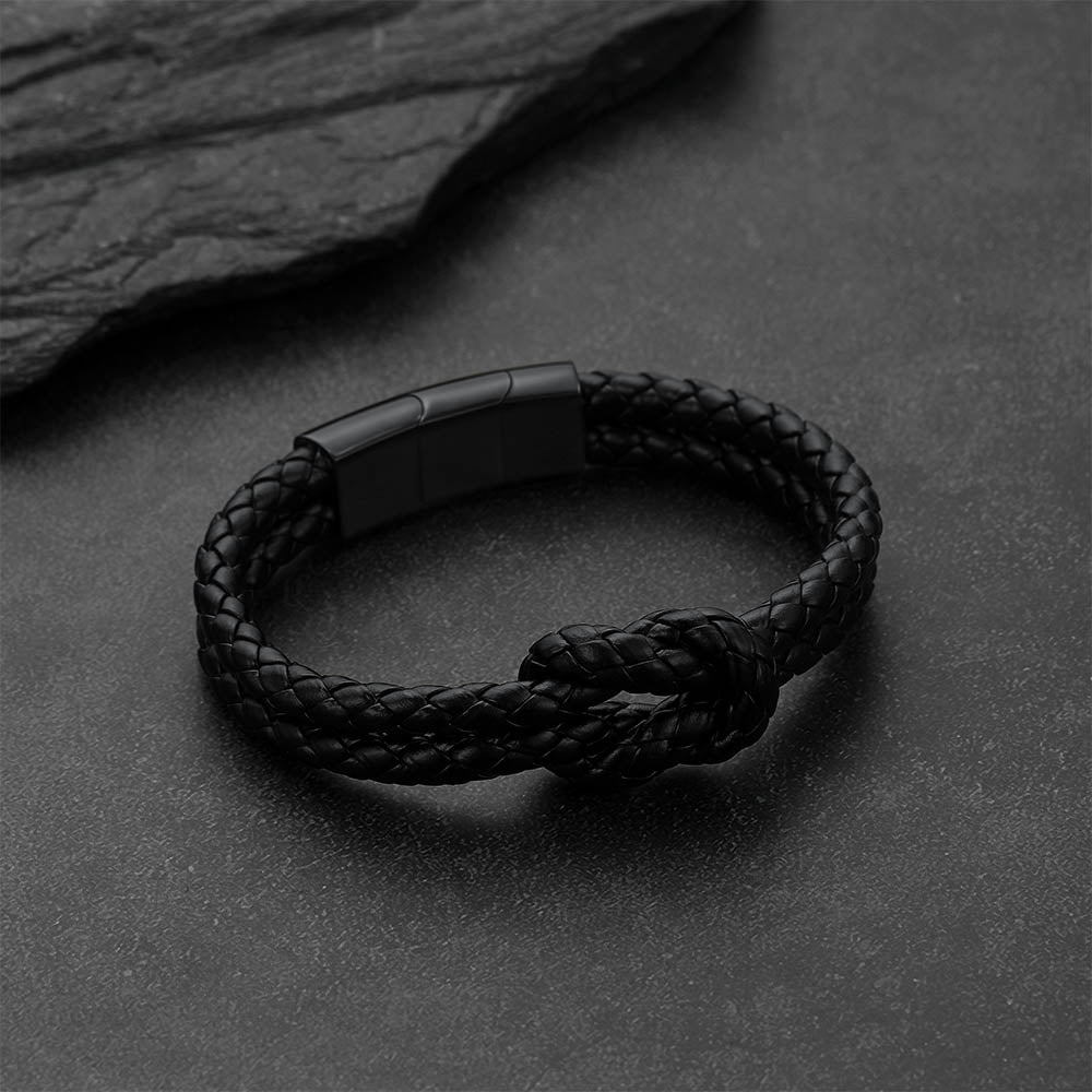 All Black Leather Knot Bracelet Double-Row Braided Wristband for Men  
