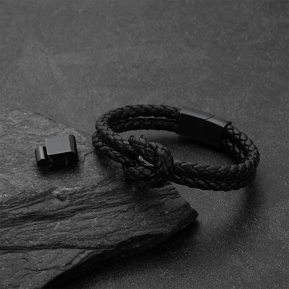 All Black Leather Knot Bracelet Double-Row Braided Wristband for Men  