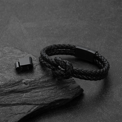 All Black Leather Knot Bracelet Double-Row Braided Wristband for Men  