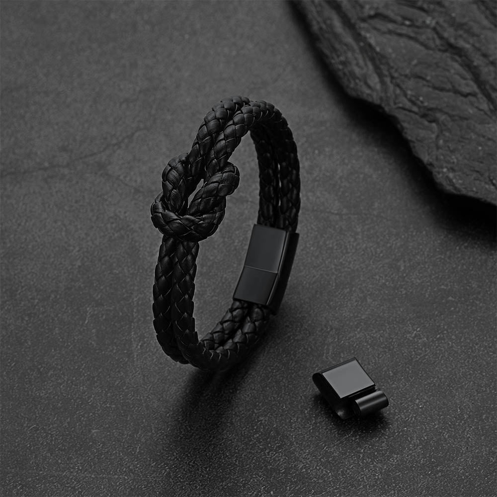 All Black Leather Knot Bracelet Double-Row Braided Wristband for Men  