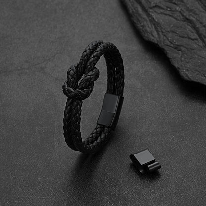 All Black Leather Knot Bracelet Double-Row Braided Wristband for Men  