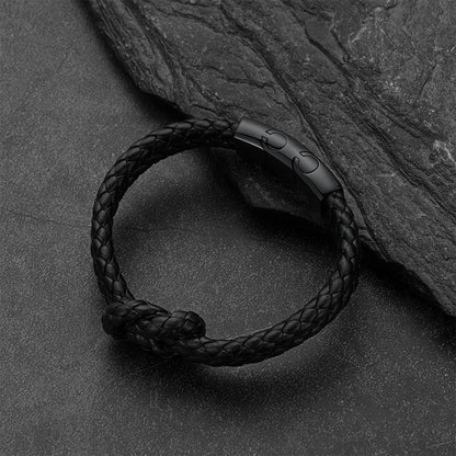 All Black Leather Knot Bracelet Double-Row Braided Wristband for Men  