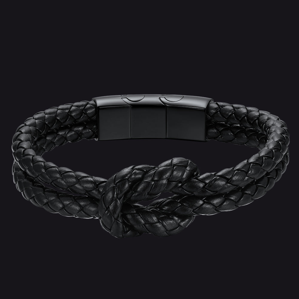 All Black Leather Knot Bracelet Double-Row Braided Wristband for Men  22cm