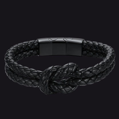 All Black Leather Knot Bracelet Double-Row Braided Wristband for Men  22cm