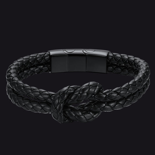 All Black Leather Knot Bracelet Double-Row Braided Wristband for Men  22cmimg
