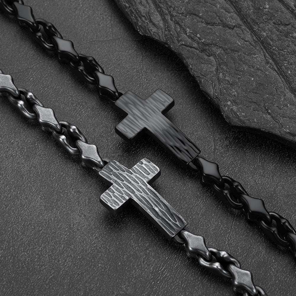 Geometric cross diamond cut chain links, detailed gothic bracelet for men