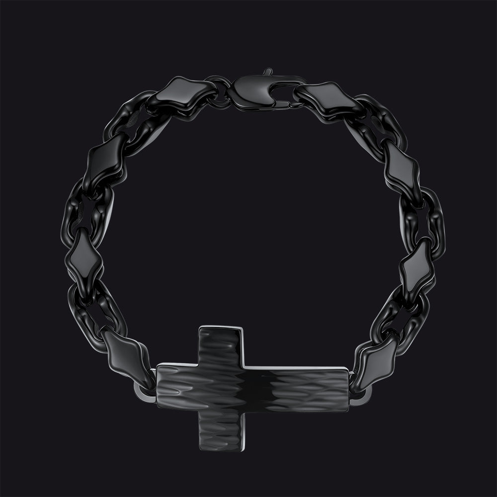 Close-up of black geometric cross diamond cut chain links, detailed gothic bracelet for men