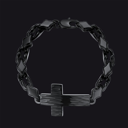 Close-up of black geometric cross diamond cut chain links, detailed gothic bracelet for men