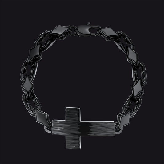 Close-up of black geometric cross diamond cut chain links, detailed gothic bracelet for menimg
