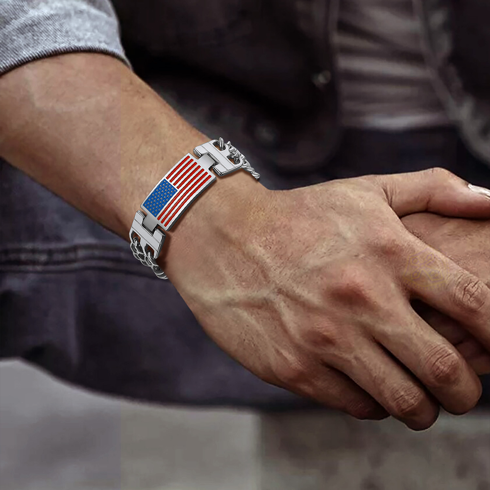 FaithHeart American Flag Bracelet Independence Day Patriot Jewelry Cuban Link Chain FaithHeart