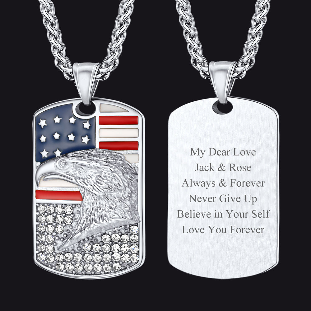 Engraved American Flag Eagle Dog Tag Necklace for Men Women