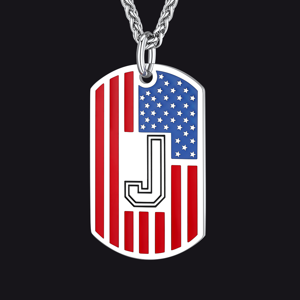 Patriotic American Flag Letter Initial Dog Tag Necklace 4th July Pendant