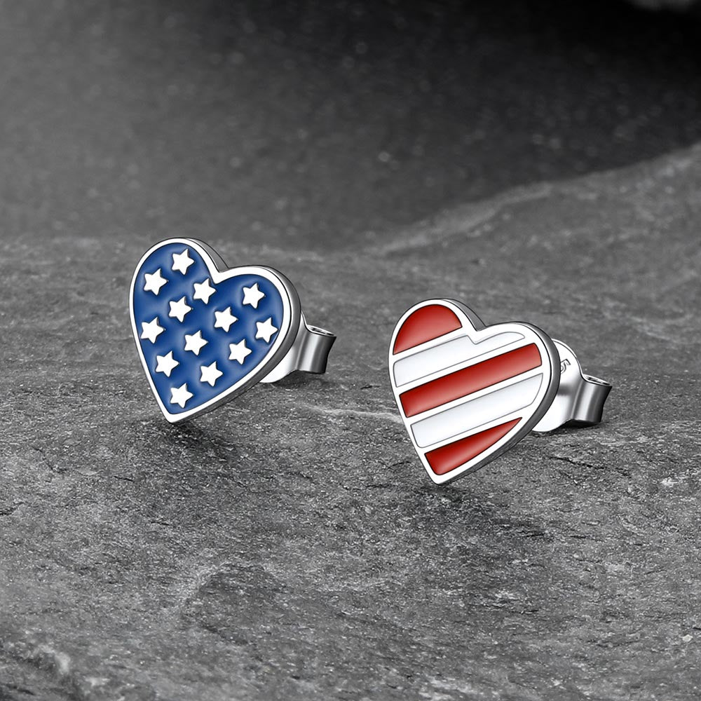 4th of July Heart Earrings American Flag Studs for Men Women