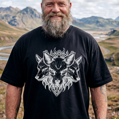 Man wearing a black t-shirt with a wolf design in a mountainous landscape