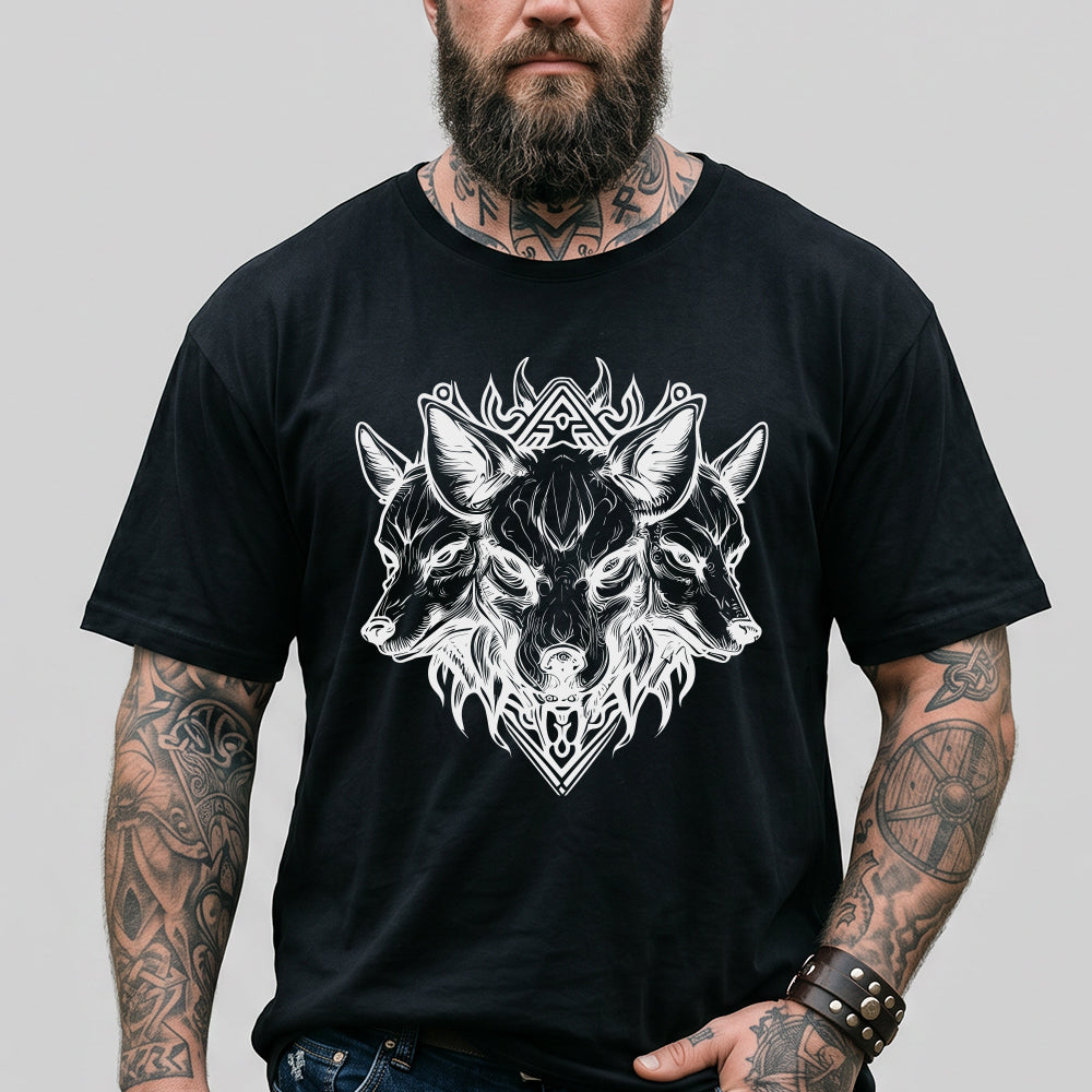 Man wearing a black t-shirt with a white wolf design on a gray background