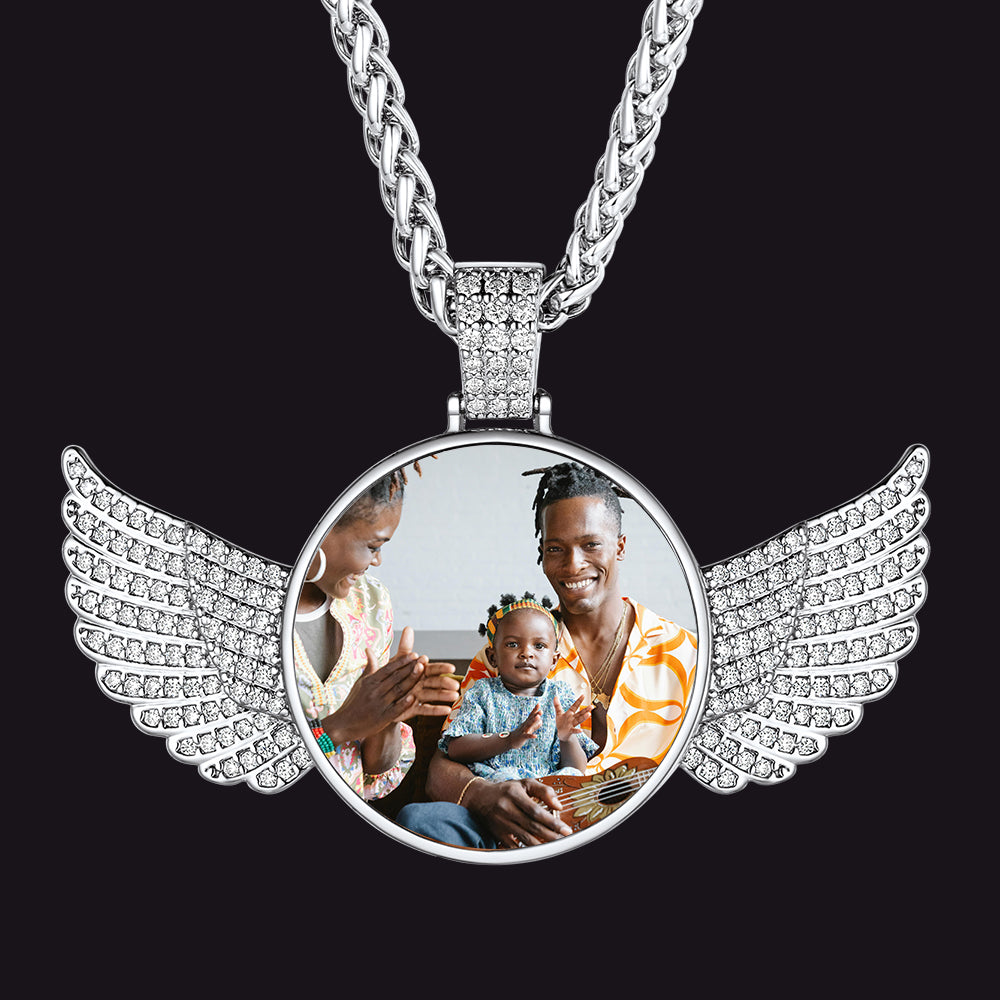 Personalized Angel Wings Picture Necklace with CZ Gift for Men Women