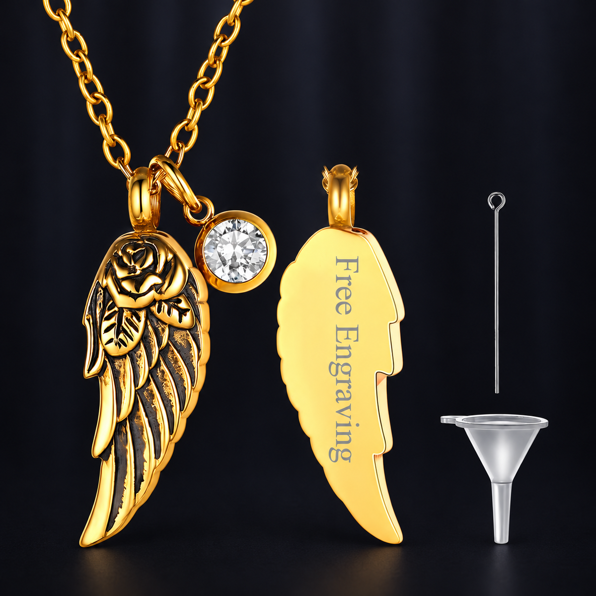 Gold Angel Wing Urn Necklace with Birthstone for Ashes
