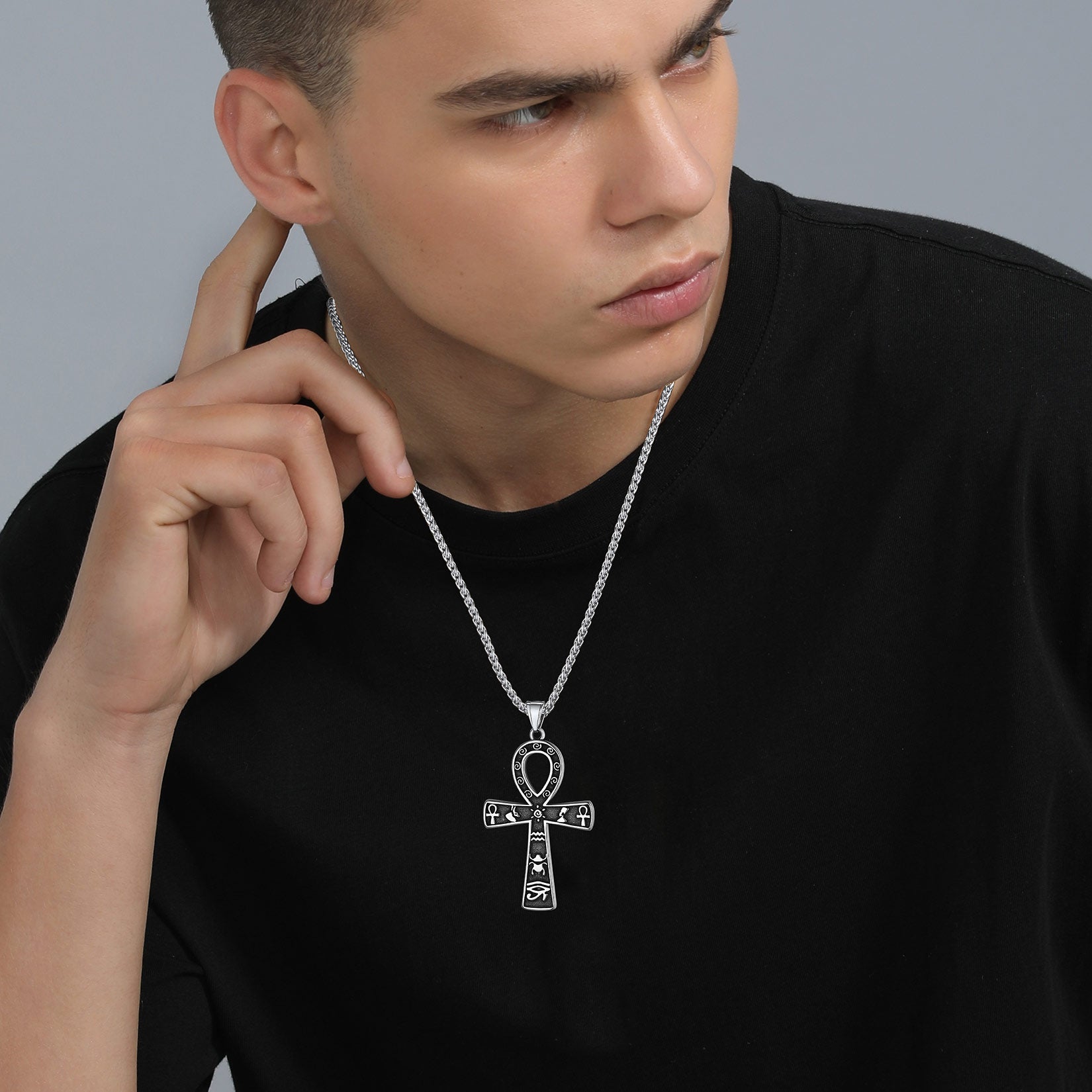 Egyptian Ankh Cross Necklace Pendant With Hieroglyphic For Men