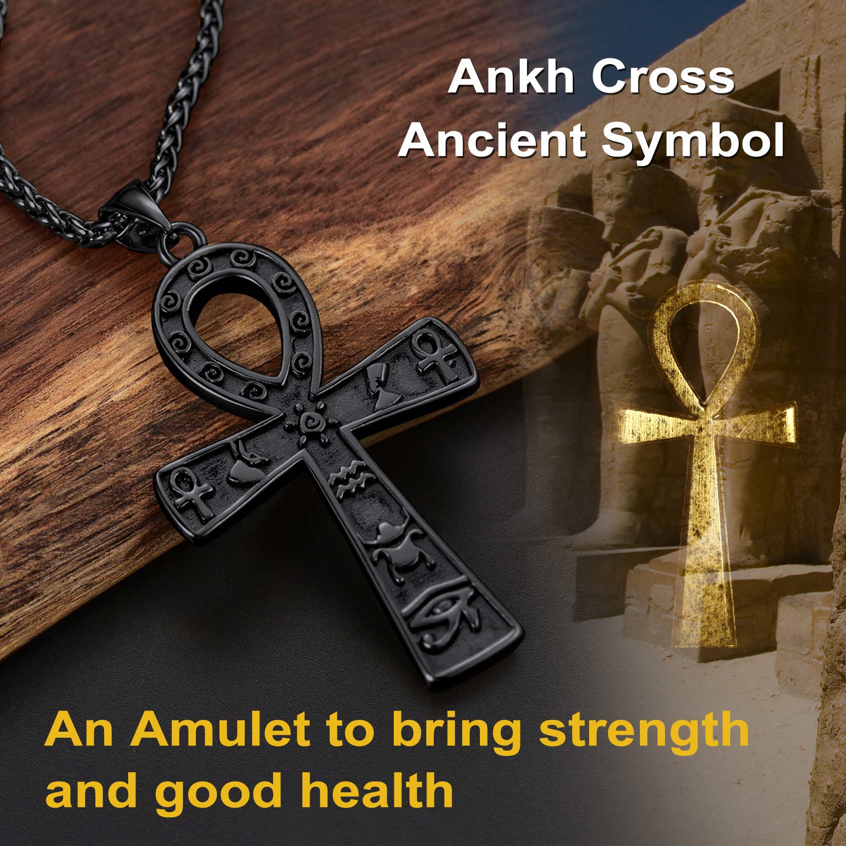 Egyptian Ankh Cross Necklace Pendant With Hieroglyphic For Men