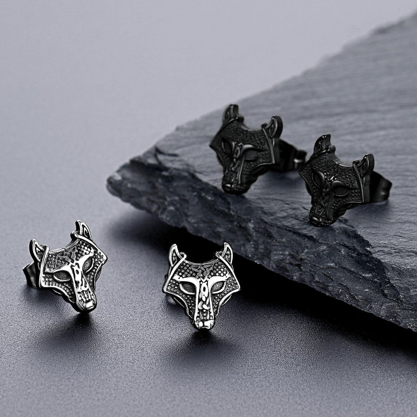 Viking Wolf Head Stud Earrings for Men Stainless Steel FaithHeart