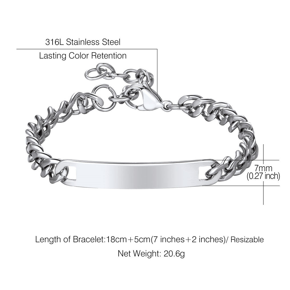 Silver chain bracelet with a nameplate on a white background