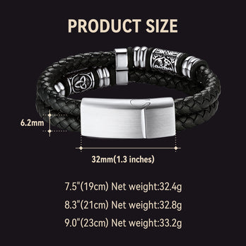 Viking Black Engraved Leather Braided Wristband Bracelet for Men