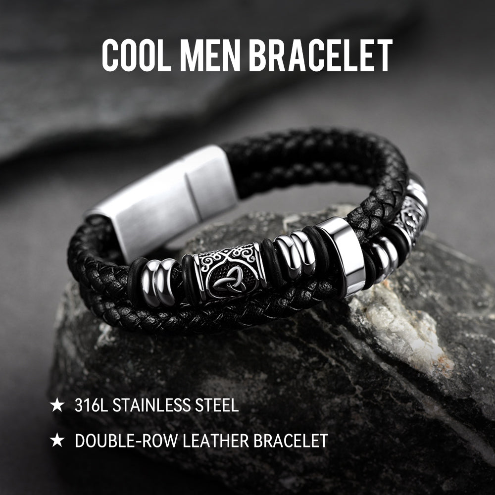 Viking Black Engraved Leather Braided Wristband Bracelet for Men