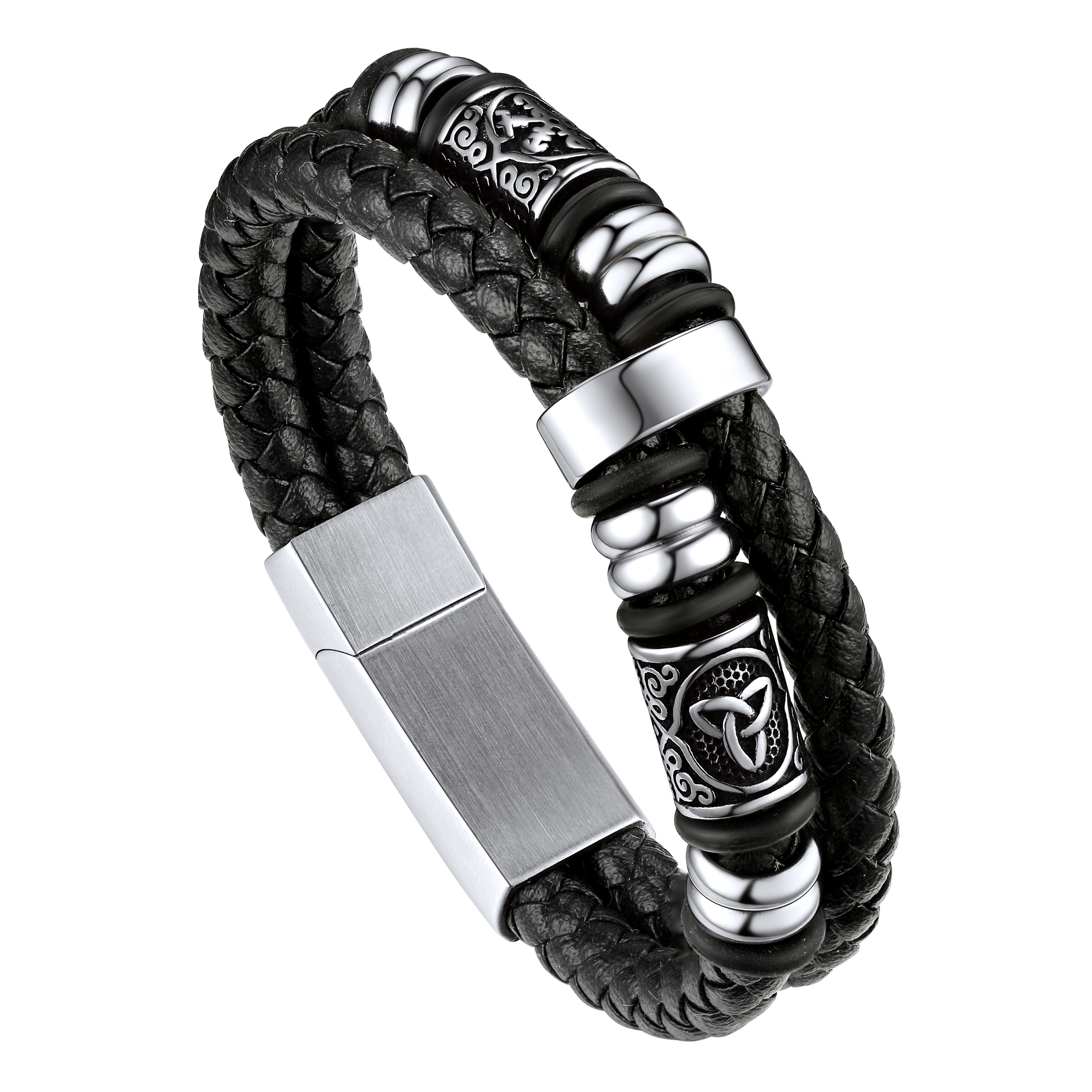 FaithHeart Viking Black Leather Braided Wristband Bracelet for Men FaithHeart