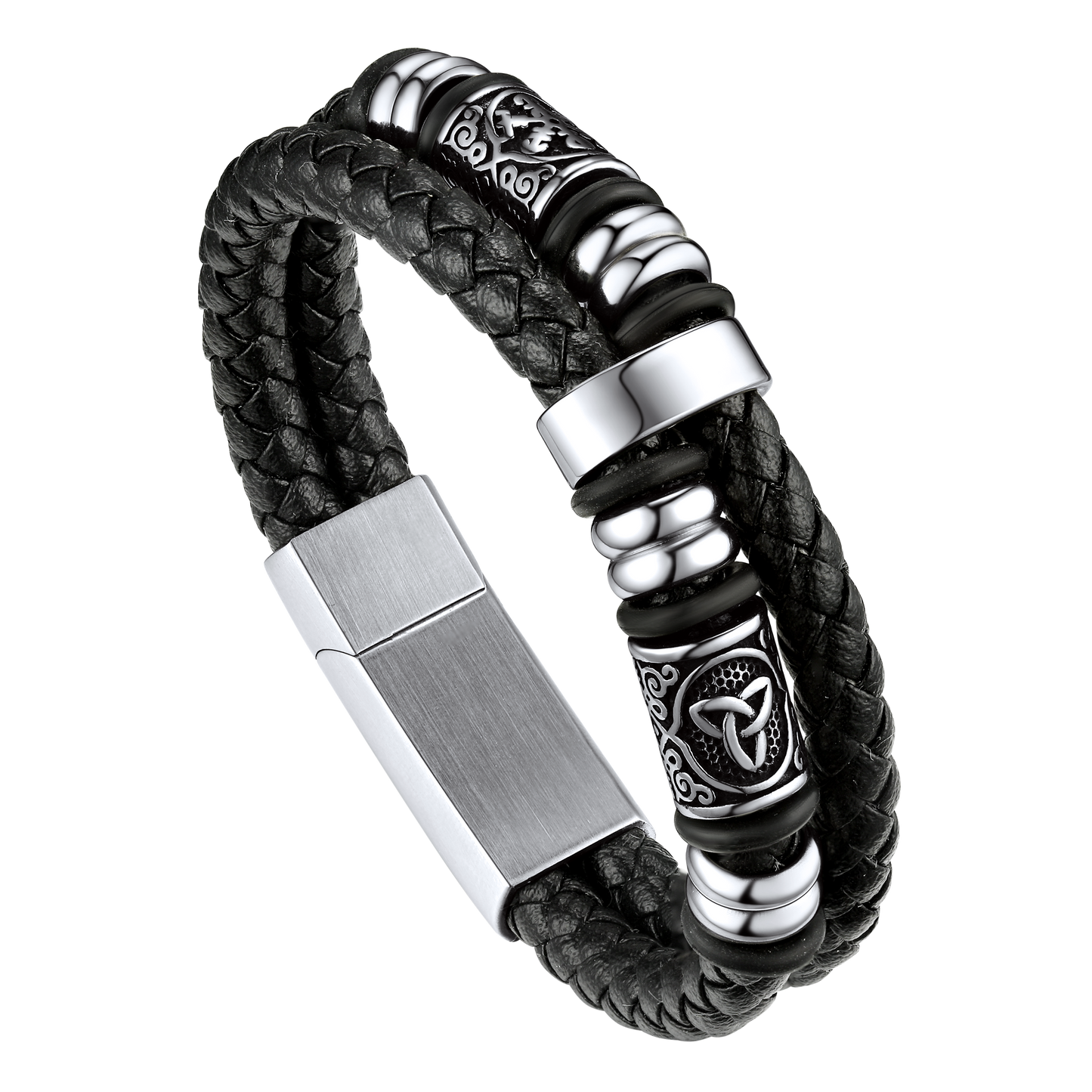 FaithHeart Viking Black Leather Braided Wristband Bracelet for Men FaithHeart