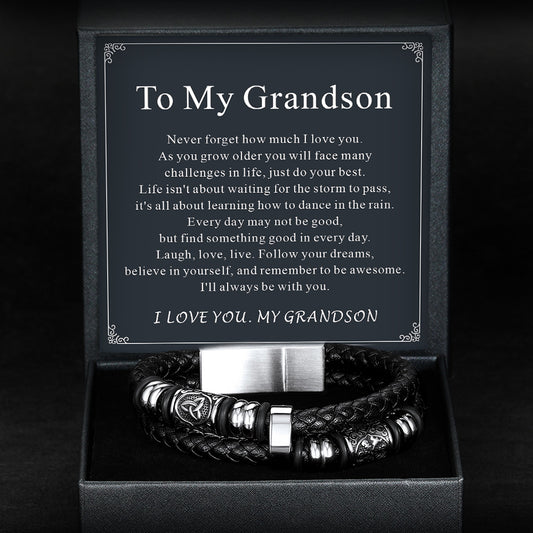 Leather Bracelet in a box with a message card for grandson on a dark backgroundimg