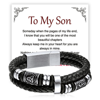 Viking Black Engraved Leather Braided Wristband Bracelet for Men