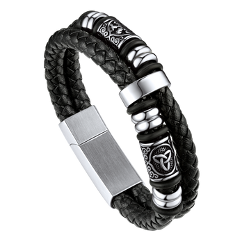 FaithHeart Viking Black Leather Braided Wristband Bracelet for Men FaithHeart