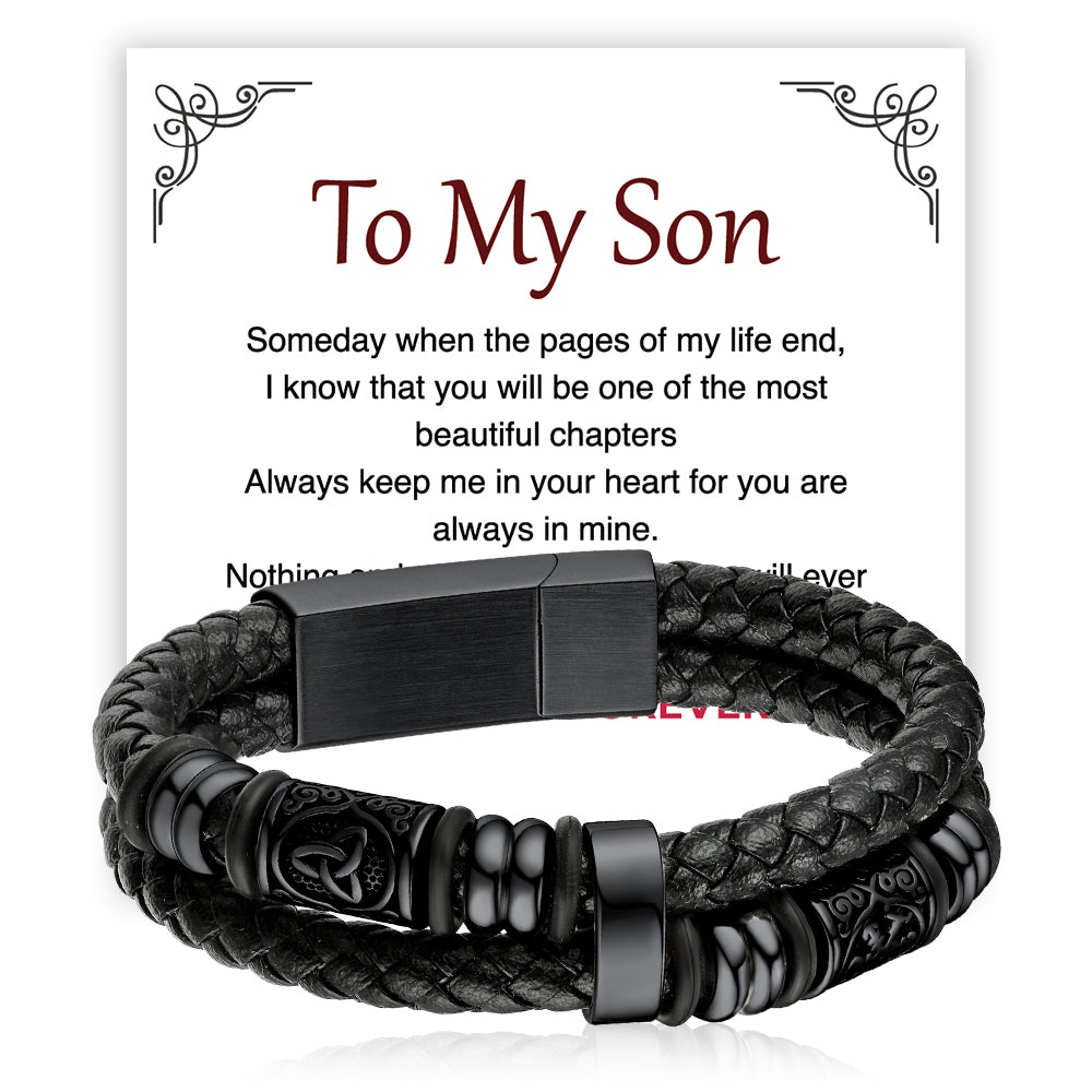 Viking Black Engraved Leather Braided Wristband Bracelet for Men