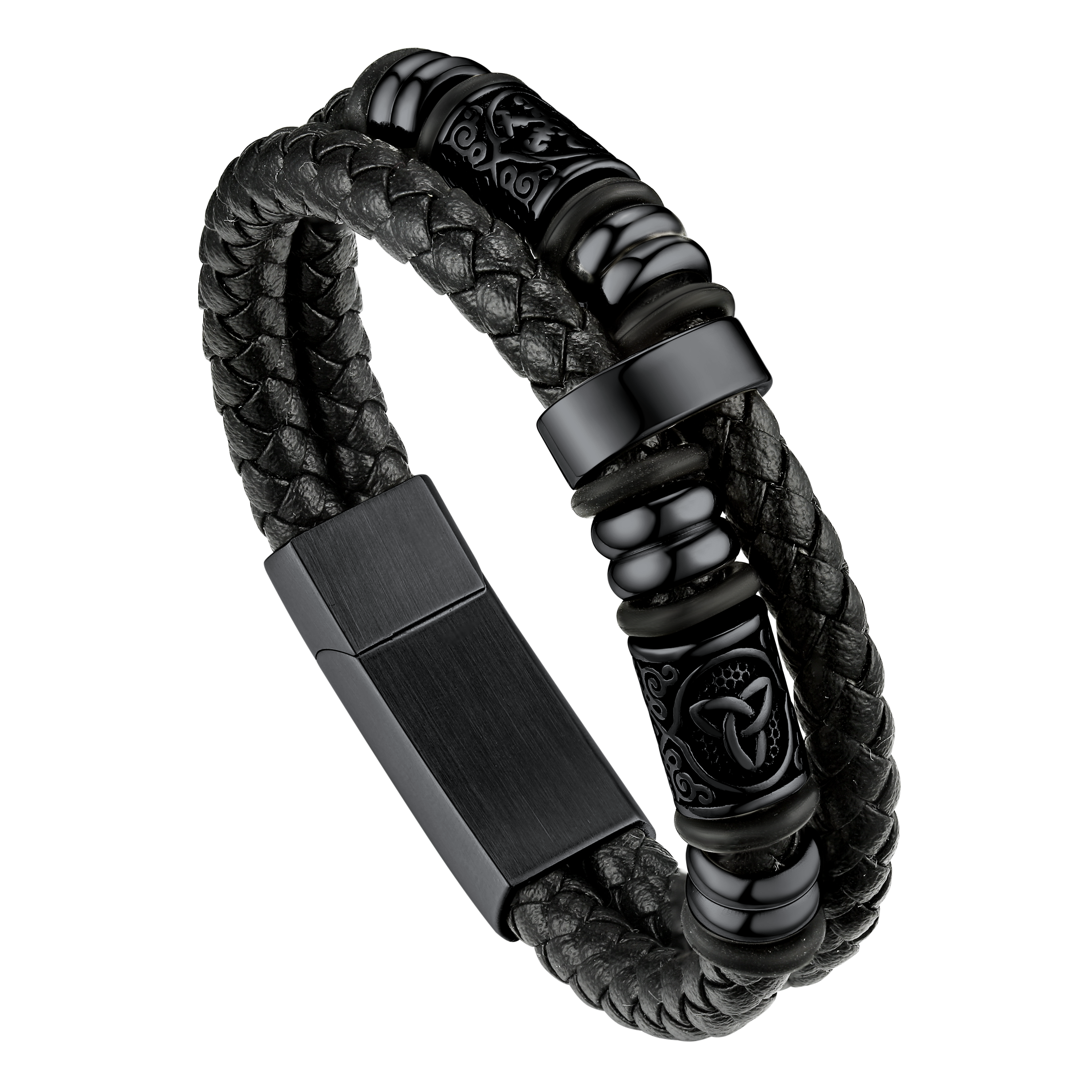 FaithHeart Viking Black Leather Braided Wristband Bracelet for Men FaithHeart