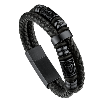 FaithHeart Viking Black Leather Braided Wristband Bracelet for Men FaithHeart