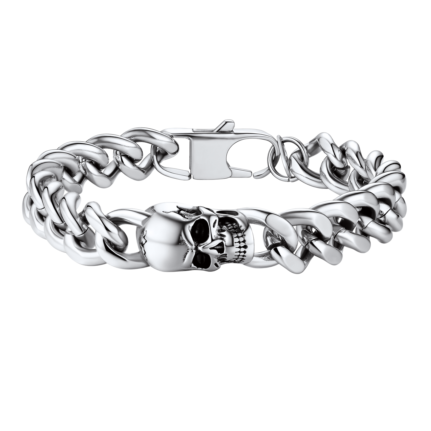 Gothic Heavy Cuban Chain Skull Bracelet For Men in Stainless Steel