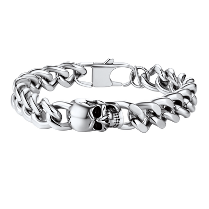 Gothic Heavy Cuban Chain Skull Bracelet For Men in Stainless Steel