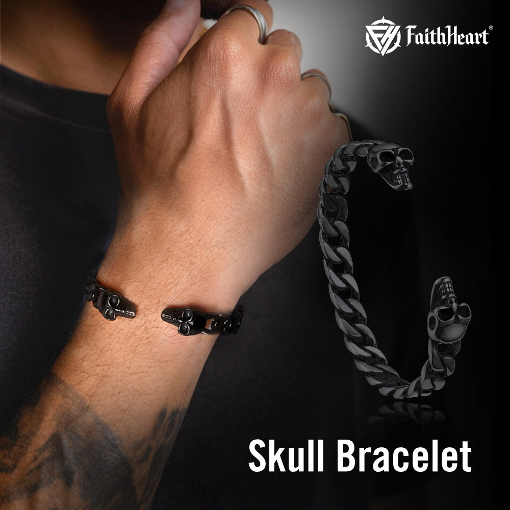 Hallween Gothic Skull Skeleton Head Cuban Chain Bracelet Cuff for Men