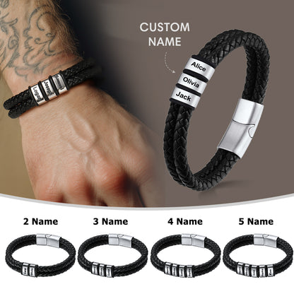 Personalized Name Braided Leather Bracelet with Custom Beaded for Men Family