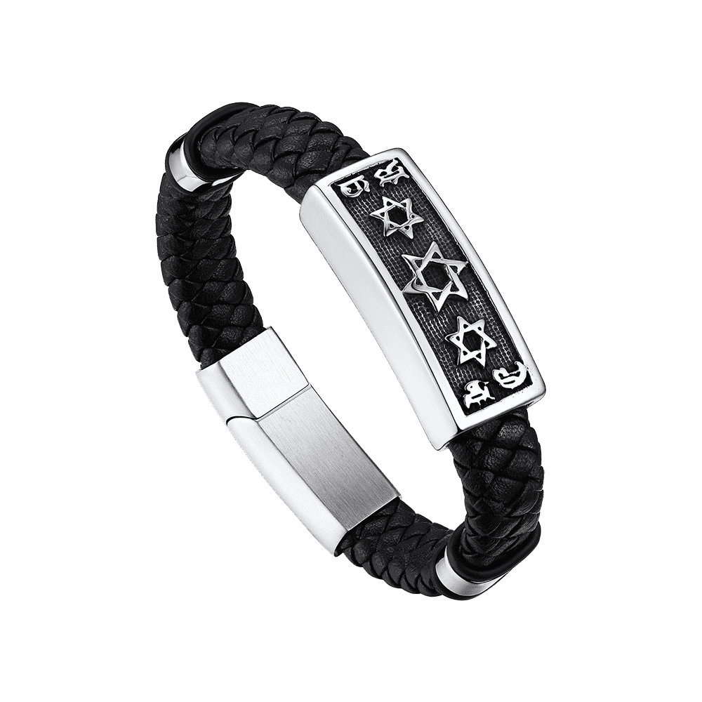 FaithHeart Black Leather Braided Hexagram Bracelet Punk Leather Cuff FaithHeart