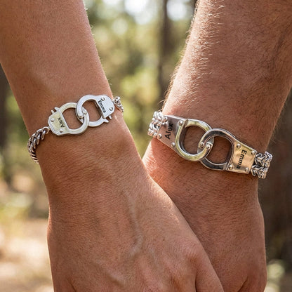 Silver Custom Engraved  Text Handcuffs Chain Bracelet Gift Set for Couple