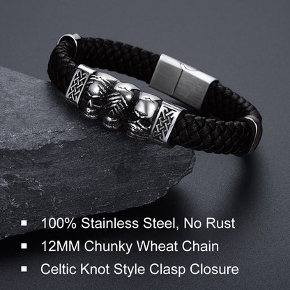 Gothic 3 Skull Braided Leather Bracelet Gift For Men Son Grandson