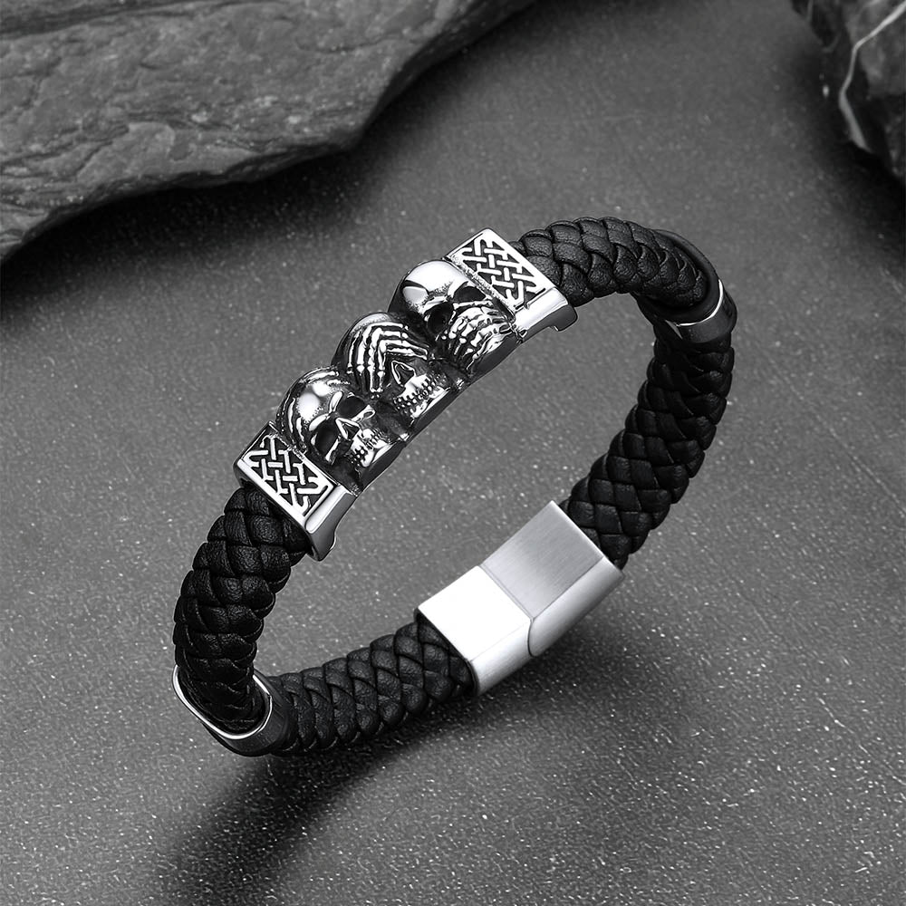 Gothic Skull Braided Leather Bracelet For Men