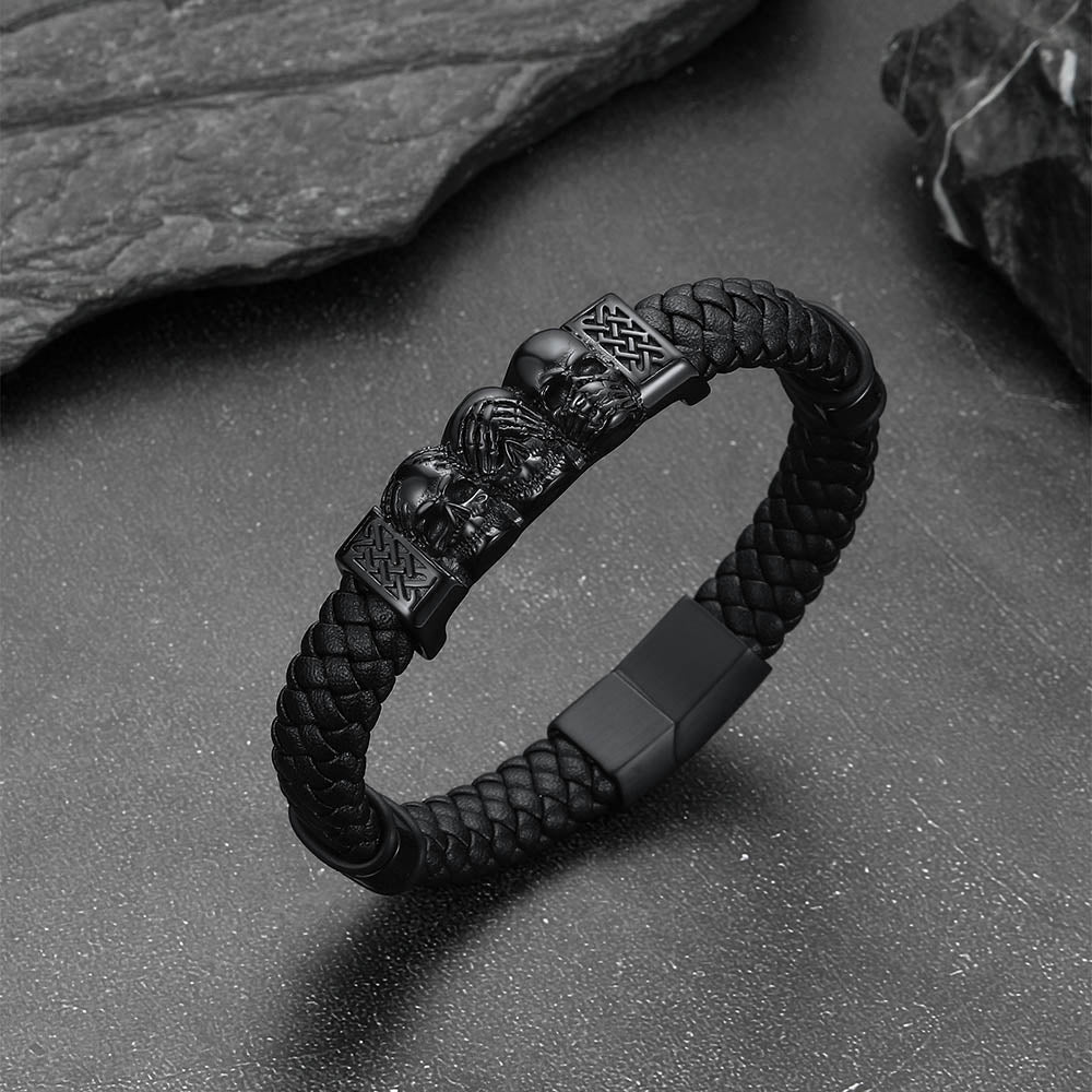 Gothic Skull Braided Leather Bracelet For Men