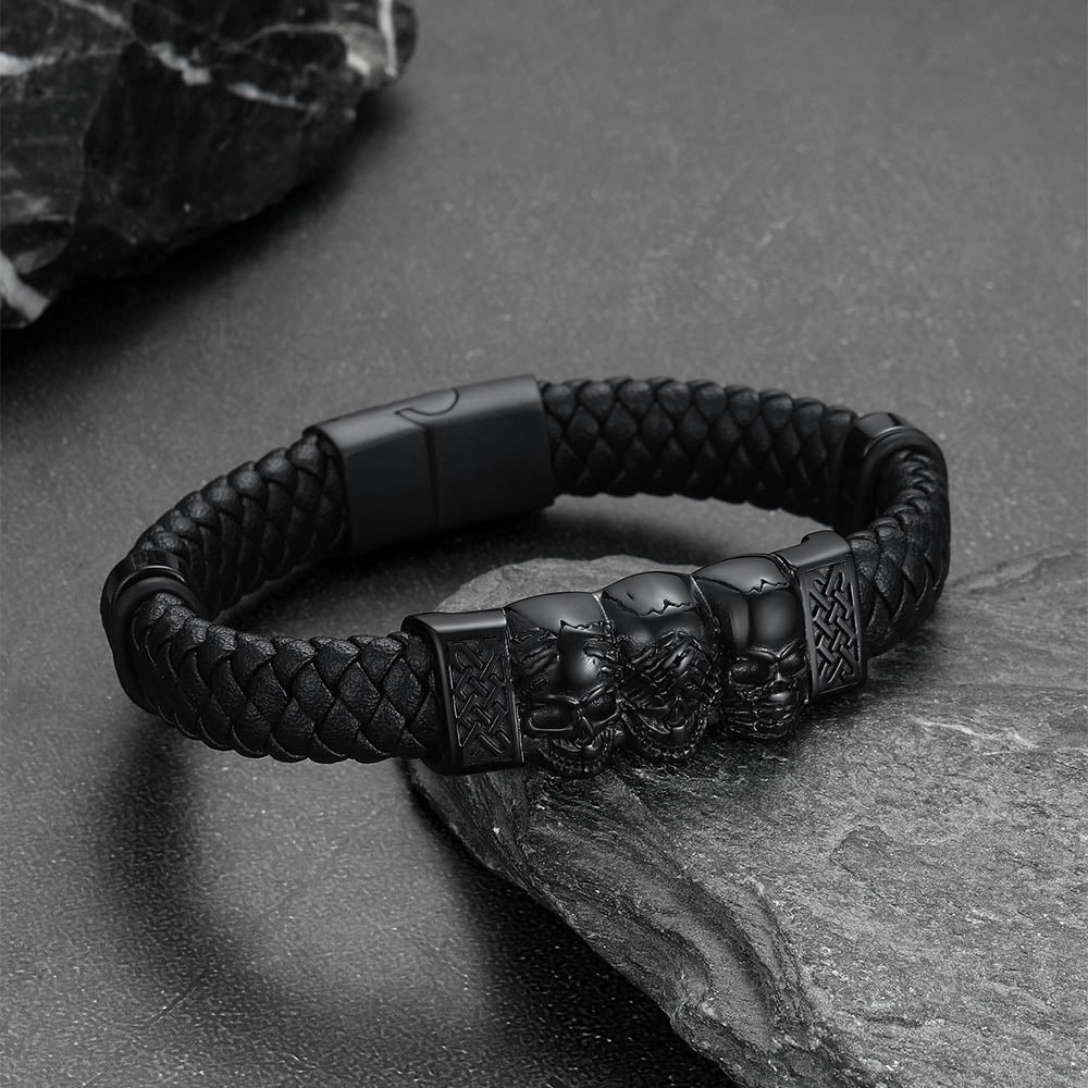 Gothic 3 Skull Braided Leather Bracelet Gift Father Son Grandson