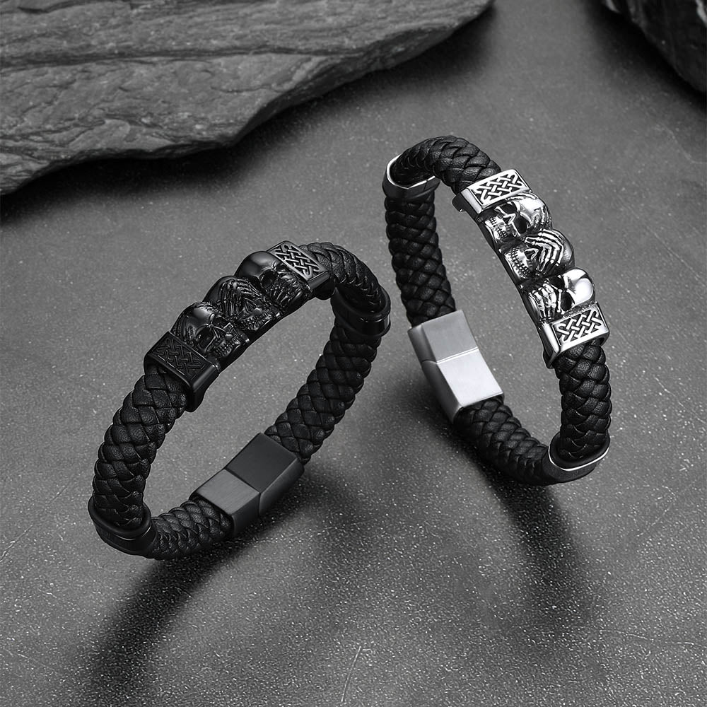 Gothic Skull Braided Leather Bracelet For Men