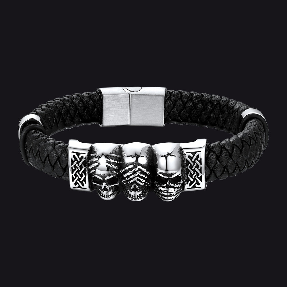 Gothic Skull Braided Leather Bracelet For Men