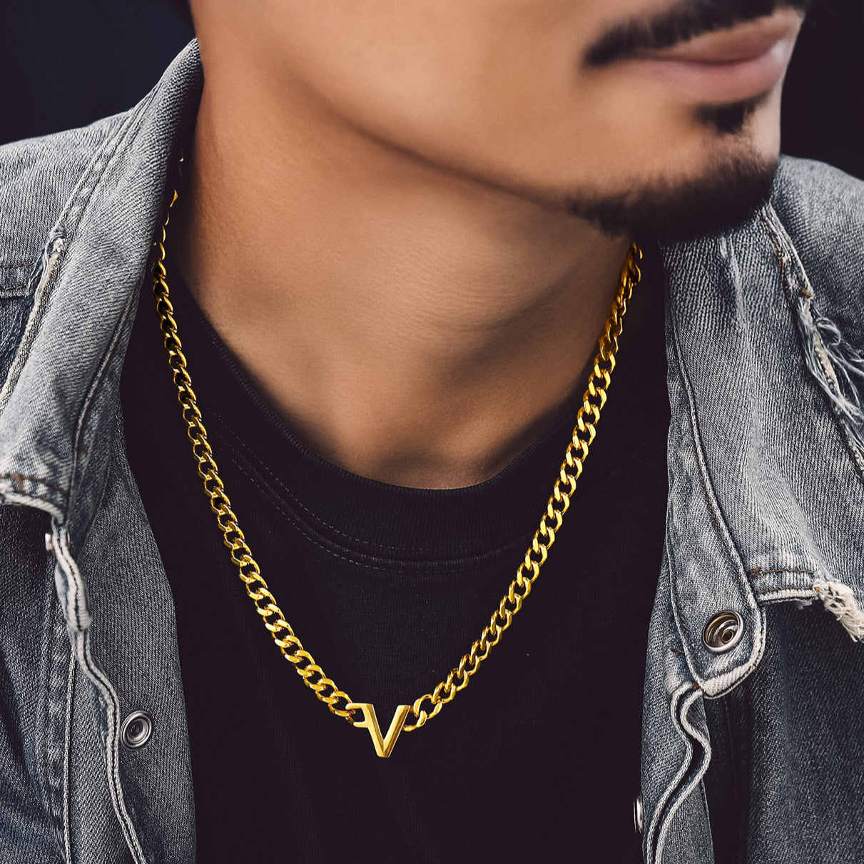 Gold Initial Letter Cuban Link Chain Necklace for Men